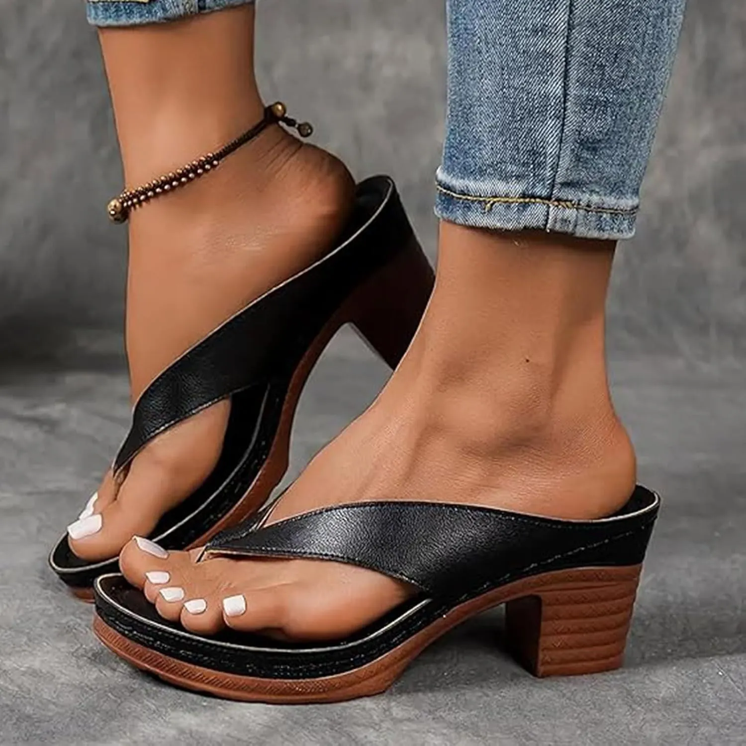 Women's Heeled Sandals Chunky Flip Flops Pumps Slip on Open Toe Square Toe Summer Wedge Shoes For Long Walk Beach Casual Thong