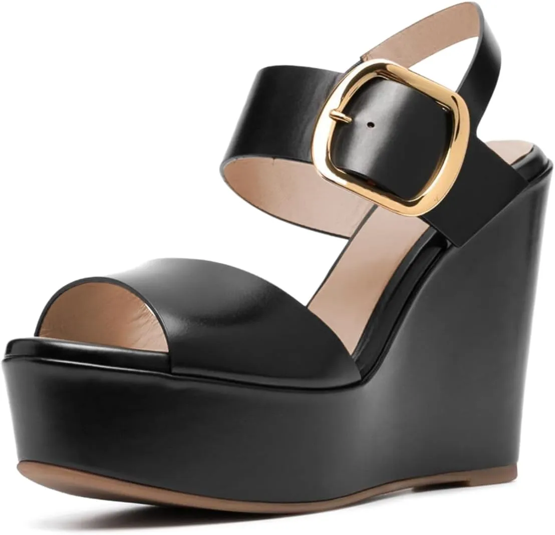 YDN Women's Open Round Toe Platform Sandals High Wedge Heels with Ankle Buckled Strap Backless Comfy Casual Spring Summer Shoes Size 4-16 US