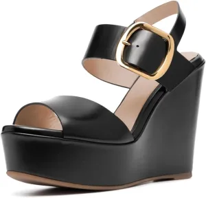 YDN Women's Open Round Toe Platform Sandals High Wedge Heels with Ankle Buckled Strap Backless Comfy Casual Spring Summer Shoes Size 4-16 US