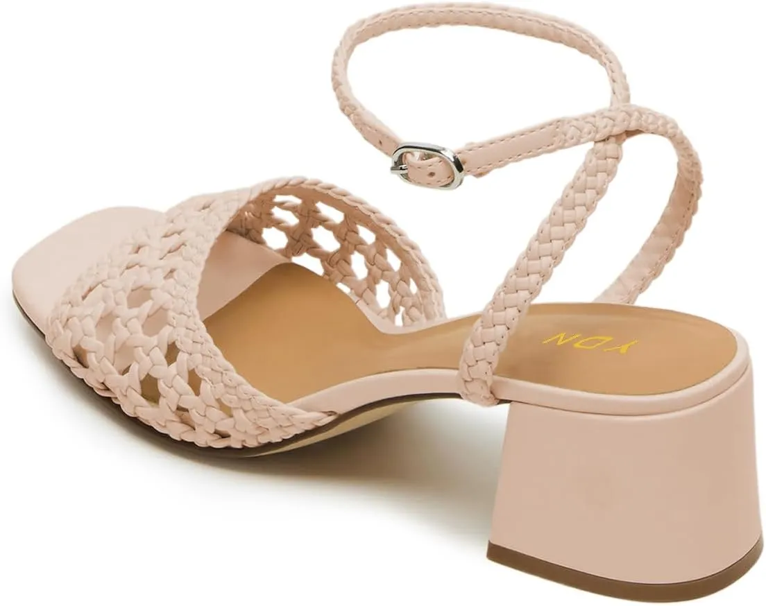 YDN Women's Open Square Toe Cute Braided Style Sandals Chunky Block Low Heels Ankle Buckled Strap Backless Summer Lady Girls Shoes Size 4-16 US