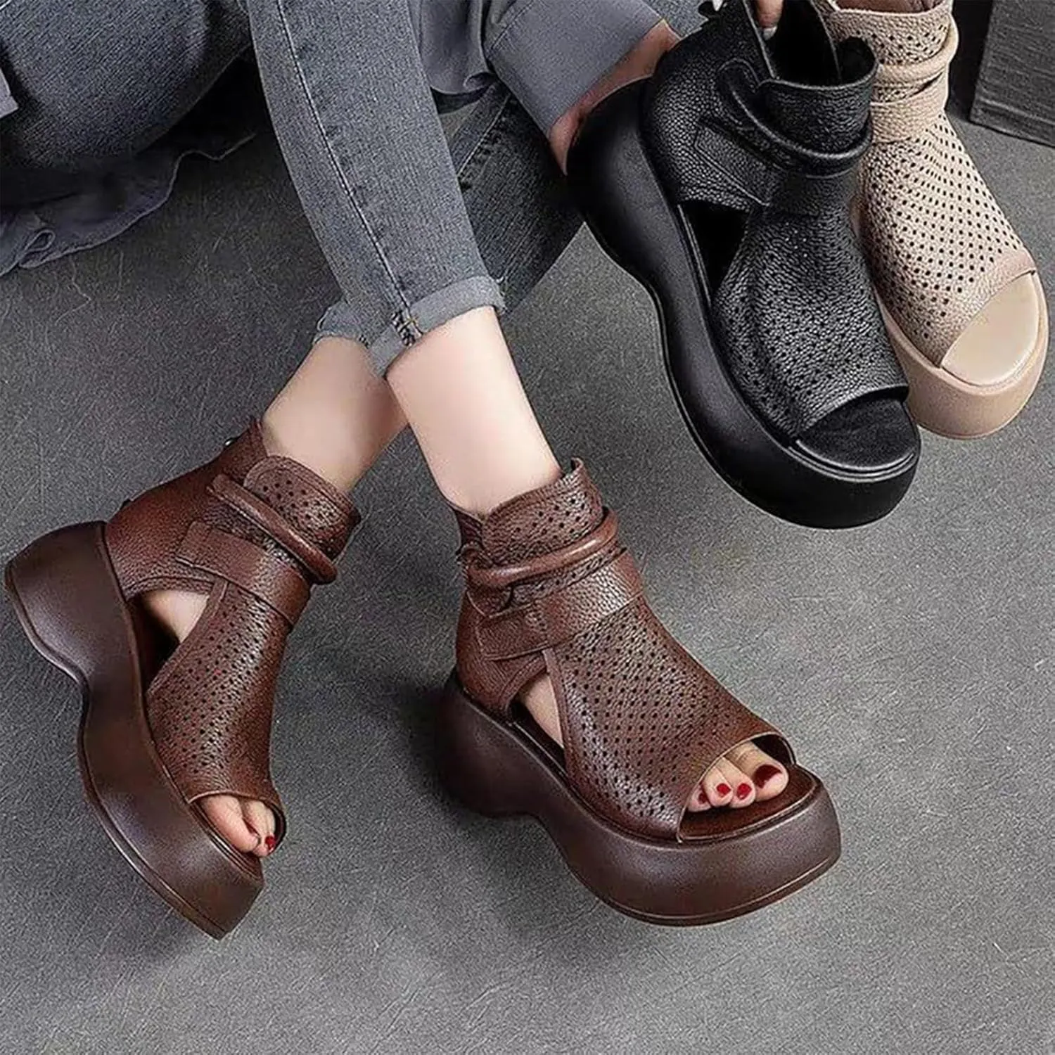 YTINGNICE Lurebest Orthopedic Sandals, Lurebest Soft Sole Leather Orthopedic Shoes for Women, Walking Wedges Platform Sandal Arch Support Soft Sole Wide Width Adjustable
